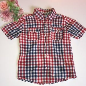Red white and blue plaid boys short sleeve button down shirt size 7 USA